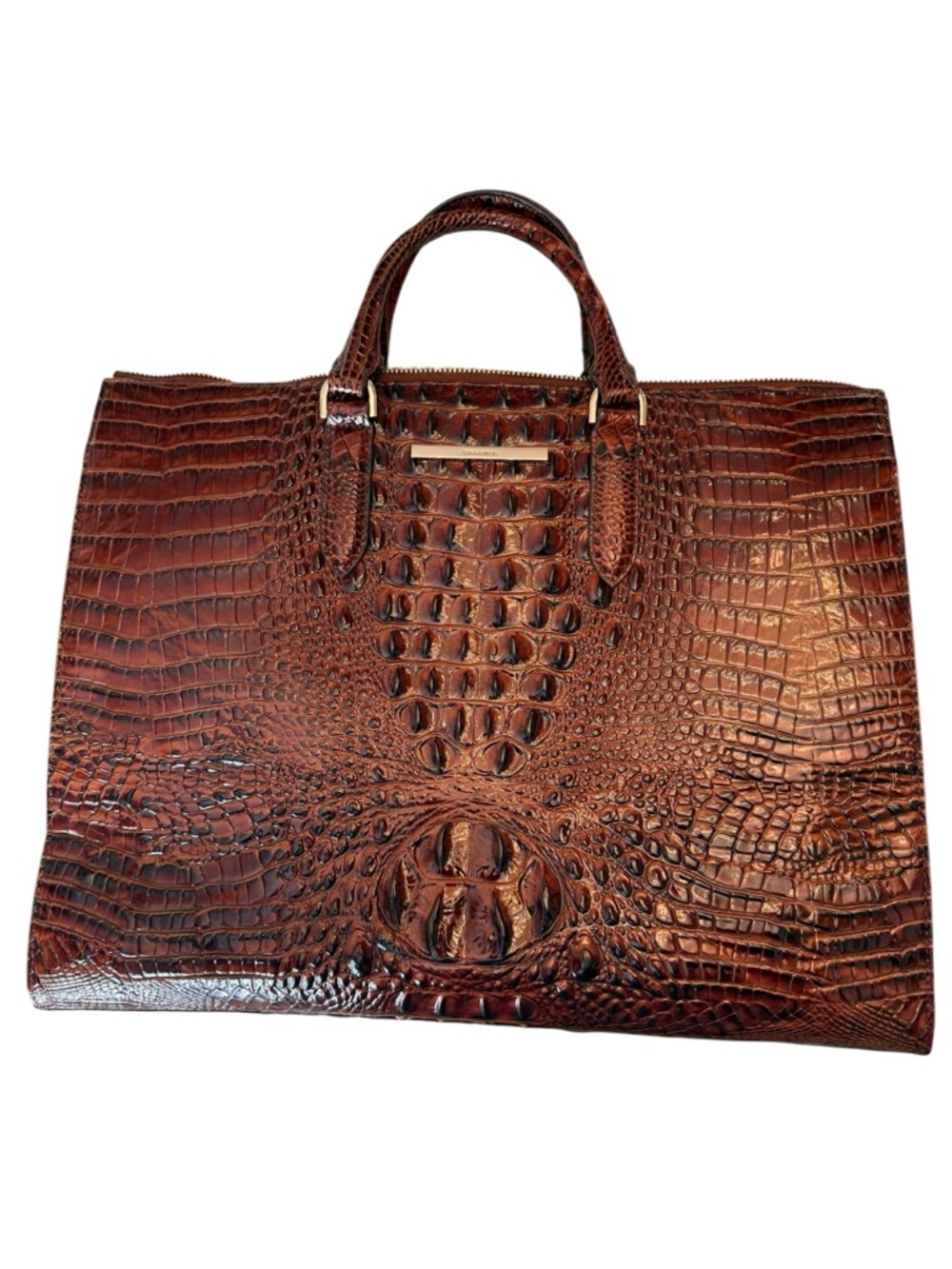 Alligator-Embossed Brown Leather Tote Bag with Detachable Strap - Picture 2 of 9